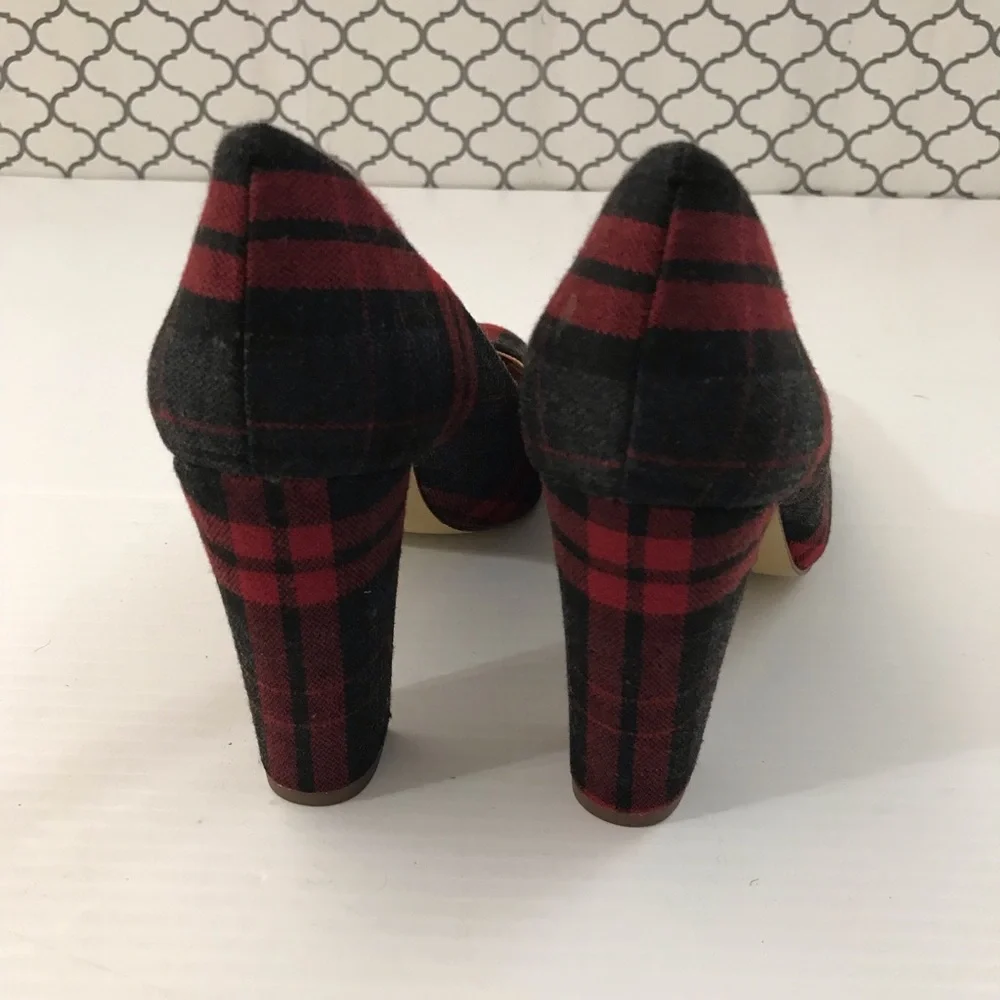 J.Crew Plaid Round-Toe Block Heel Pumps - Red/Black Size 7.5